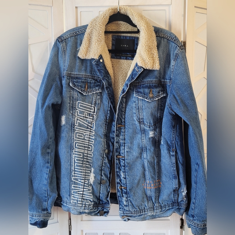 Zara Blue Denim Jacket with White Text